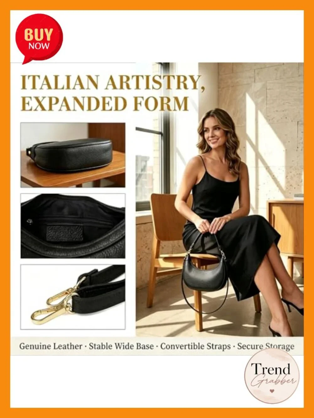 Genuine Leather Crescent Hobo Bag Crossbody Purse Made in Italy Two Straps Gold